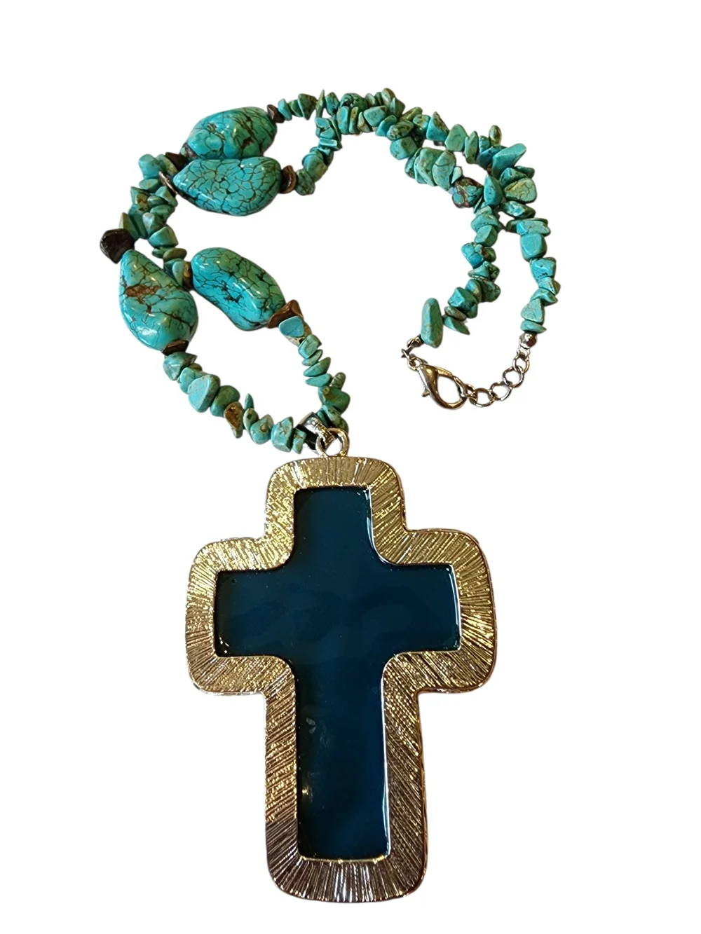 Turquoise Cross Pendant Necklace with Stone Inlay - Unbranded